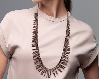 Brown crystals necklace "Chocolate fringe". Evening dress necklace.