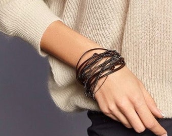 Beaded Bracelet Choker With Black Leather Wooden Beads Dark Rhinestone Crystals  And Dark Monili Beads Autumn Winter Season Jewelry