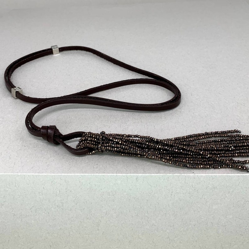 Leather necklace with Brown crystals. image 5
