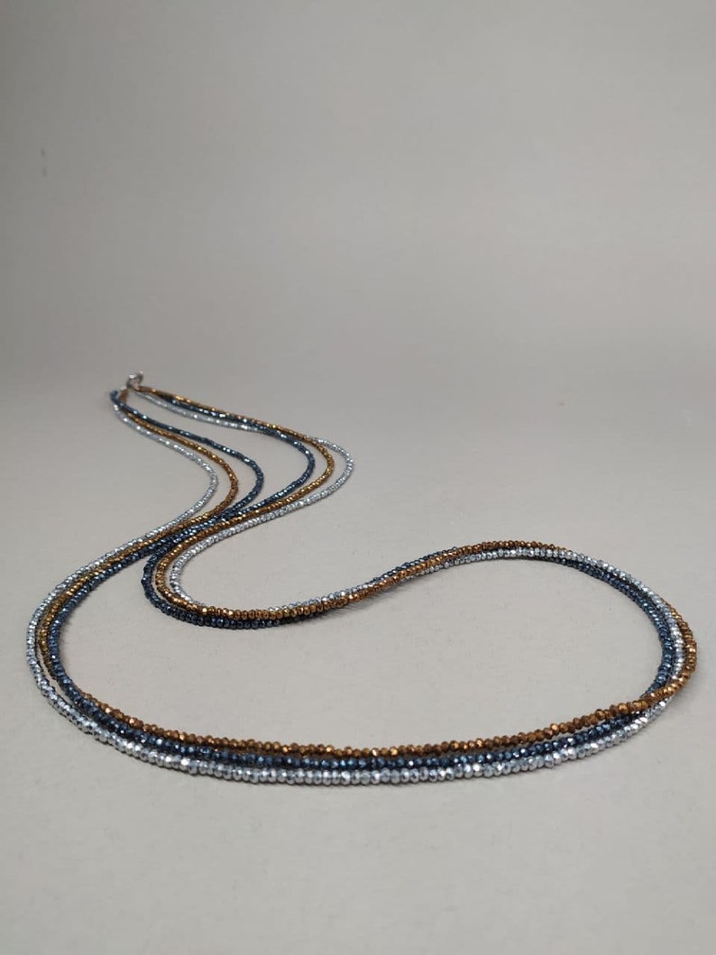 Crystal Necklace Three strands blue silver bronze image 7