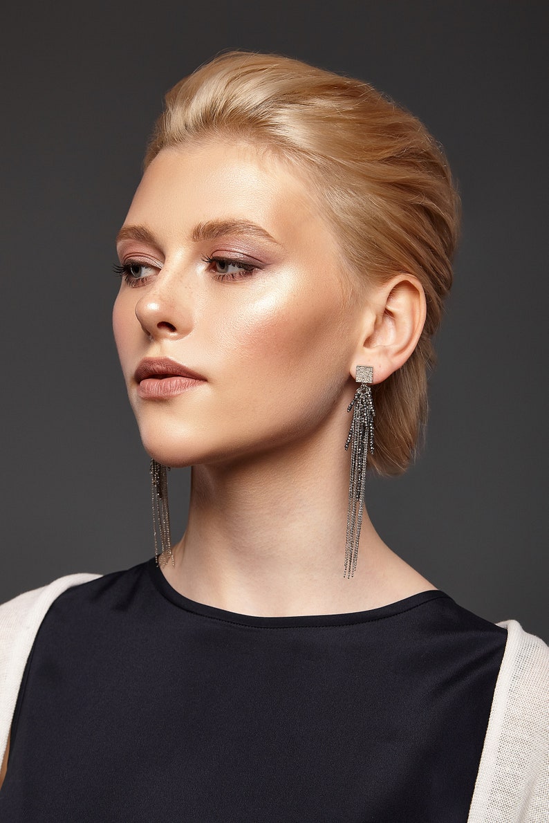 Sterling Silver Earrings With Rhinestone Beaded Crystals Tassel