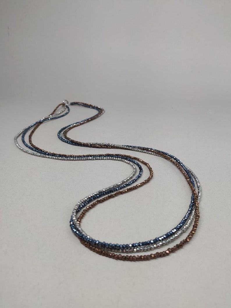 Crystal Necklace Three strands blue silver bronze image 5