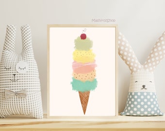 Ice cream Print, Gender Neutral Nursery Decor, Ice cream wall art, kids room print, Printable Wall art, kitchen print, Cute Digital Print