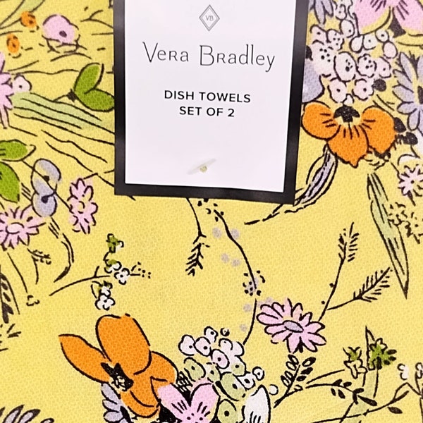 Vera Bradley Cotton Dish Towels Sunlit Garden Country Wild Flower Yellow set 2