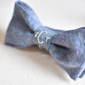 Hand embroidered chambray matching custom personalize name initials monogram father son wedding grooms men ring bearer men baby boy bow tie image 4