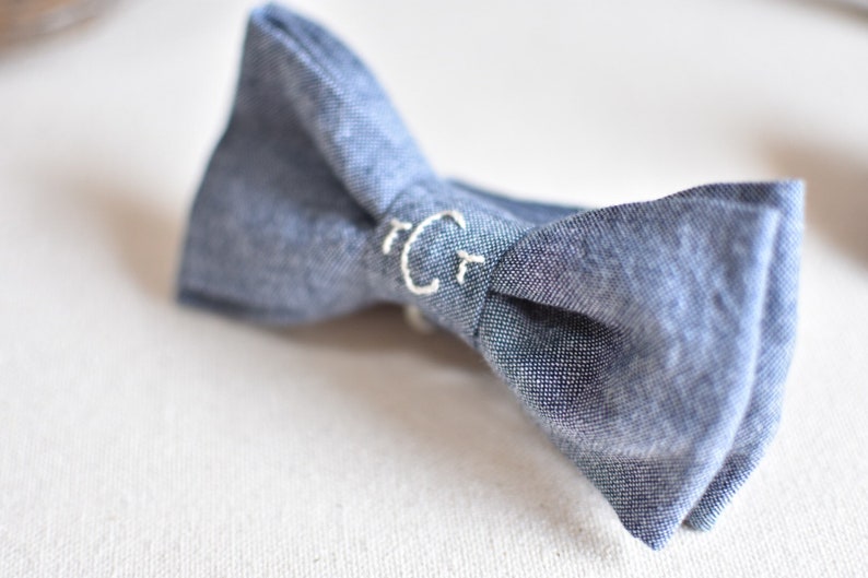 Hand embroidered chambray matching custom personalize name initials monogram father son wedding grooms men ring bearer men baby boy bow tie image 4