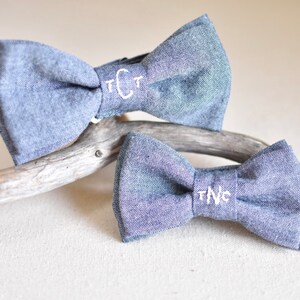 Hand embroidered chambray matching custom personalize name initials monogram father son wedding grooms men ring bearer men baby boy bow tie image 3