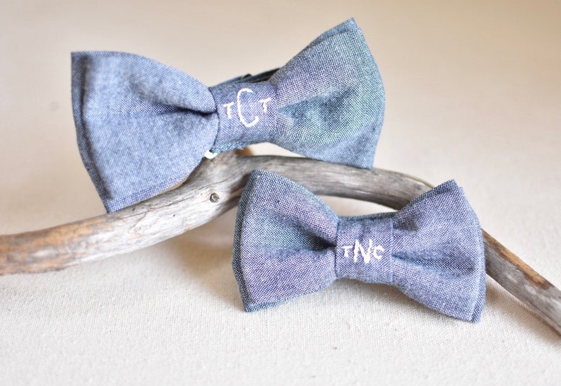 Hand embroidered chambray matching custom personalize name initials monogram father son wedding grooms men ring bearer men baby boy bow tie image 3