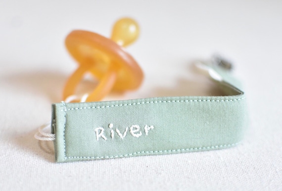 Sage eucalyptus green hand embroidered pacifier clip holder monochrome solid baby child custom initial monogram personalized name