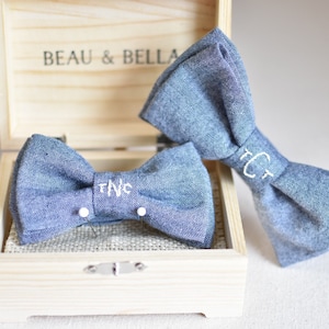 Hand embroidered chambray matching custom personalize name initials monogram father son wedding grooms men ring bearer men baby boy bow tie image 1