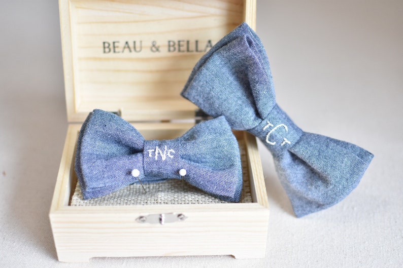 Hand embroidered chambray matching custom personalize name initials monogram father son wedding grooms men ring bearer men baby boy bow tie image 1