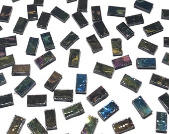 Small Iridescent Black Stained Glass Mosaic Tile Border Pieces