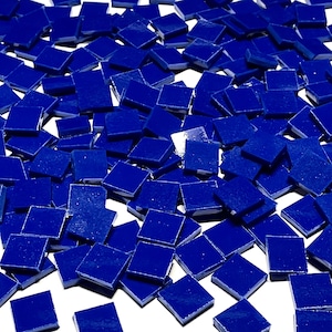 Può includere: Una grande quantità di piccole piastrelle quadrate in ceramica di colore blu cobalto. Le piastrelle sono sparse su una superficie bianca.