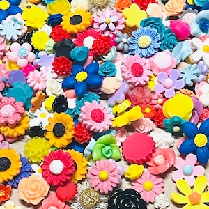 May include: Assortment of colorful resin flower embellishments in various shapes and sizes. The flowers are made of a glossy resin material and have a 3D effect.