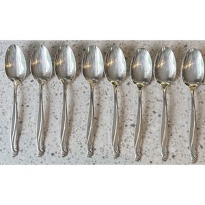 May include: A set of eight silver-toned metal spoons arranged in a horizontal row. Each spoon features a smooth, oval-shaped bowl and a slender handle that tapers toward the end, finished with a subtle, embossed floral detail at the base.