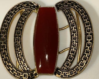 Art Deco Belt Buckle with Carnelian Stone, Czechoslovakian Vintage Brass Buckle