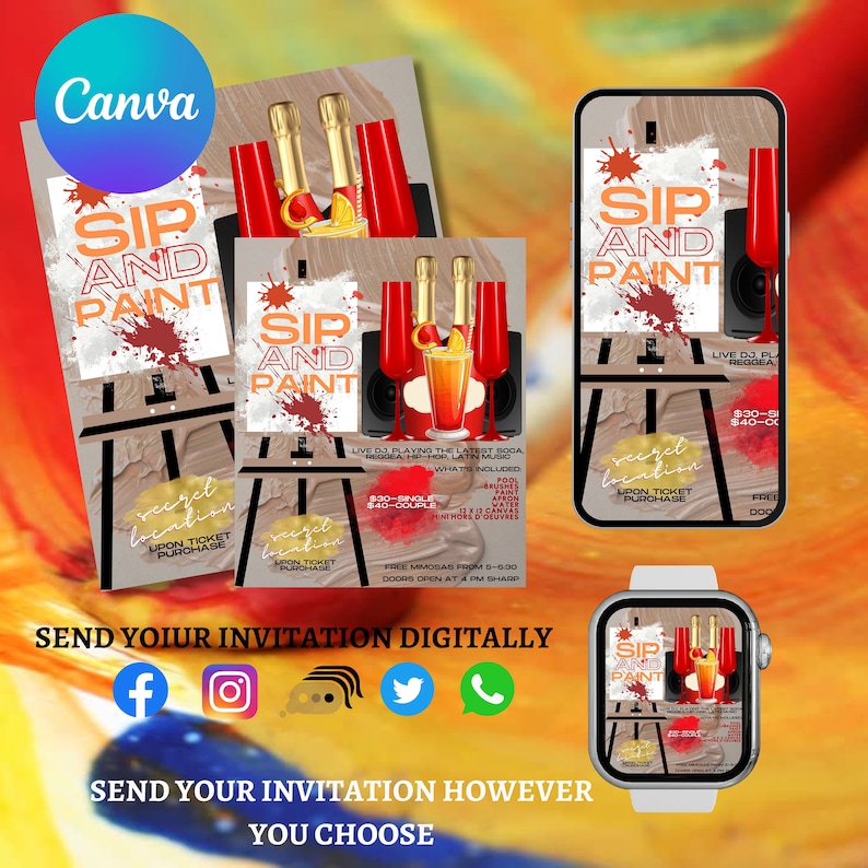 SIP AND PAINT Colorful Invitation Paint Invitation Sip and Paint Party