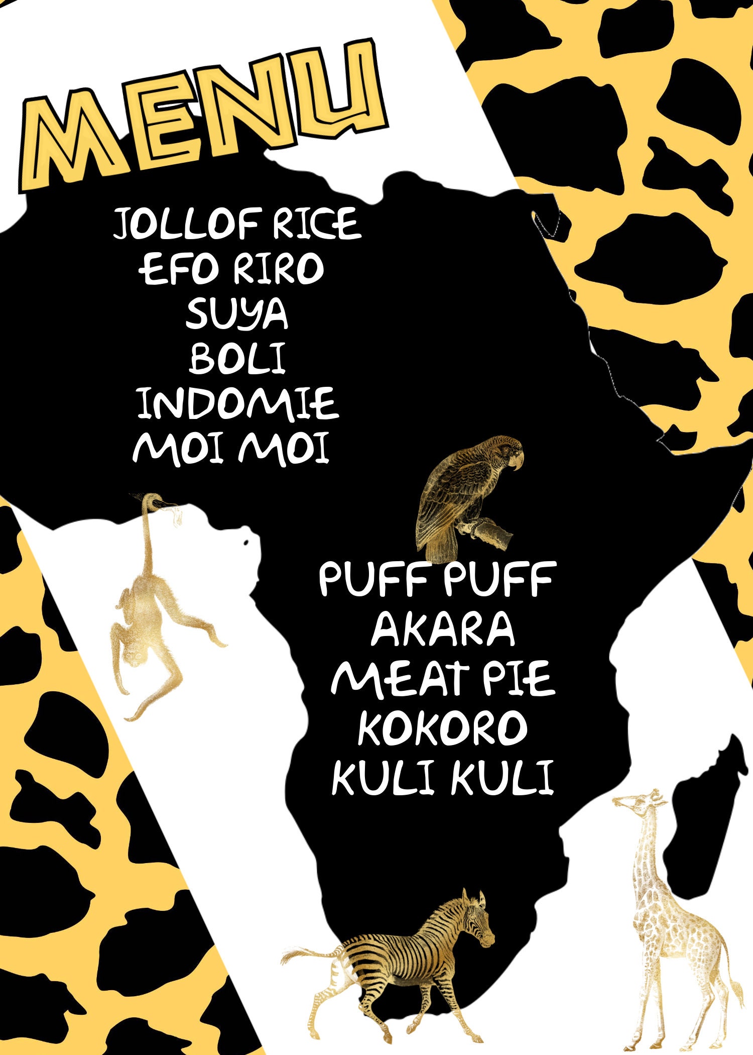 Event Menu | Modern Menu | African Theme Party Menu | PRINT AT HOME ...