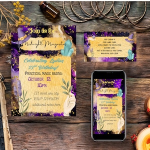May include: A rectangular invitation card and a smaller matching label card featuring a purple and gold marble background, a witch hat, crystals, and a hand holding a sprig. A smartphone displays the same invitation design on its screen.
