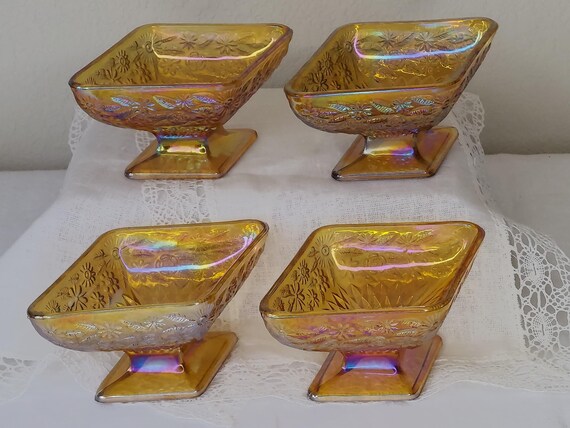 INDIANA Glass Marigold footed bowls, "Pineapple" set of 4
