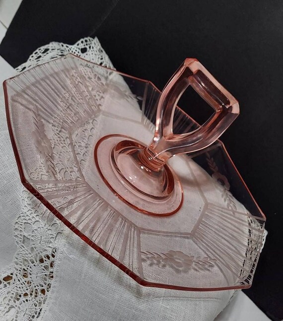 Art Deco Octagonal Pink Glass Tidbit Tray