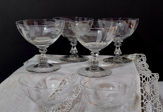 Set of 6 CAMBRIDGE gray-cut low champagne/sherbet "Harvest" c. 1950