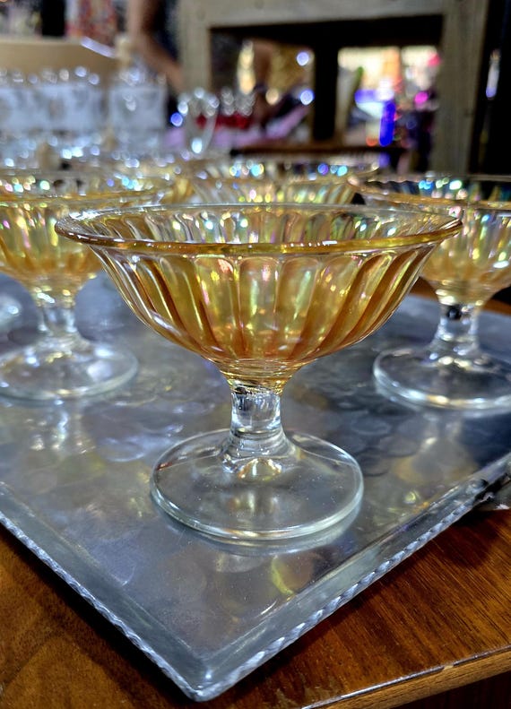 IMPERIAL GLASS "Smooth Rays" Footed Dessert Bowls, Marigold, set of 6