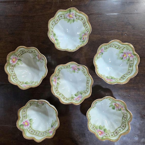 Nippon Hand Painted Nut Bowls, set of Six, c.1930s