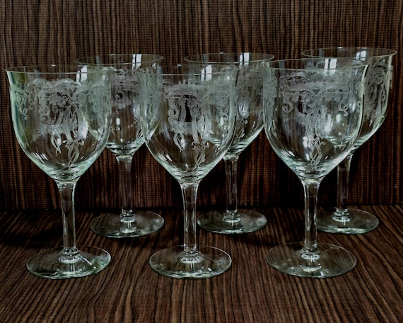 Set of 6 Antique / Vintage FOSTORIA Needle-etched Goblets, c. 1917