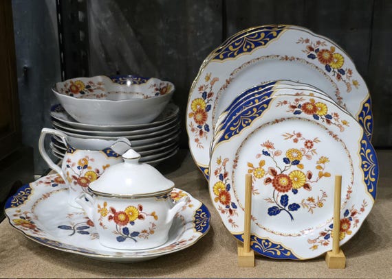 Vintage Floral Dinnerware Set, Blue Orange Asian Motif, Service for 8