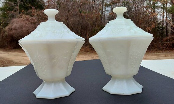 Pair of Milk Glass Lidded Dishes, 8" tall
