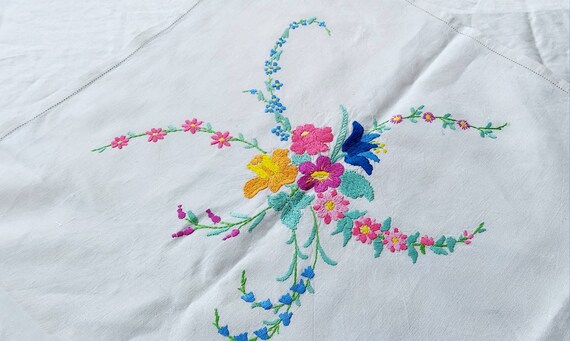 Linen Table Square #1 Embroidered Pansies 40 inches