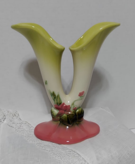 HULL Woodland Double Bud Vase, pink and green