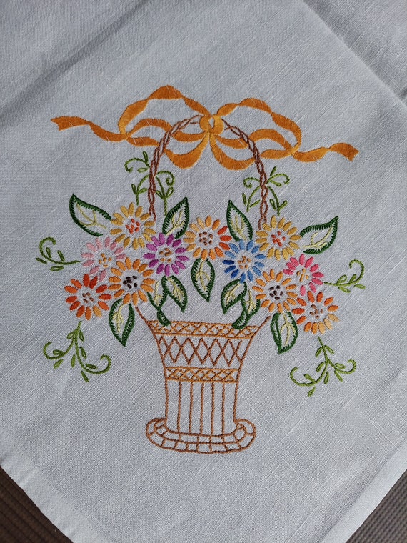 Embroidered Linen Tablecloth 50"x50", Basket and Lady