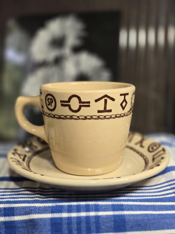 Wallace China Westward Ho Coffee Cup (Early 1950s Green Mark) and True West Saucer