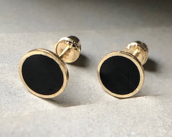 Black Onyx Circle Earrings • Onyx Noir Round Earrings • 14K Solid Gold Border