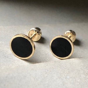 Black Onyx Circle Earrings Onyx Noir Round Earrings 14K Solid Gold Border image 1