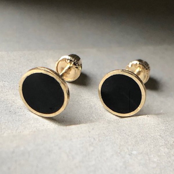 Black Onyx Circle Earrings • Onyx Noir Round Earrings • 14K Solid Gold Border