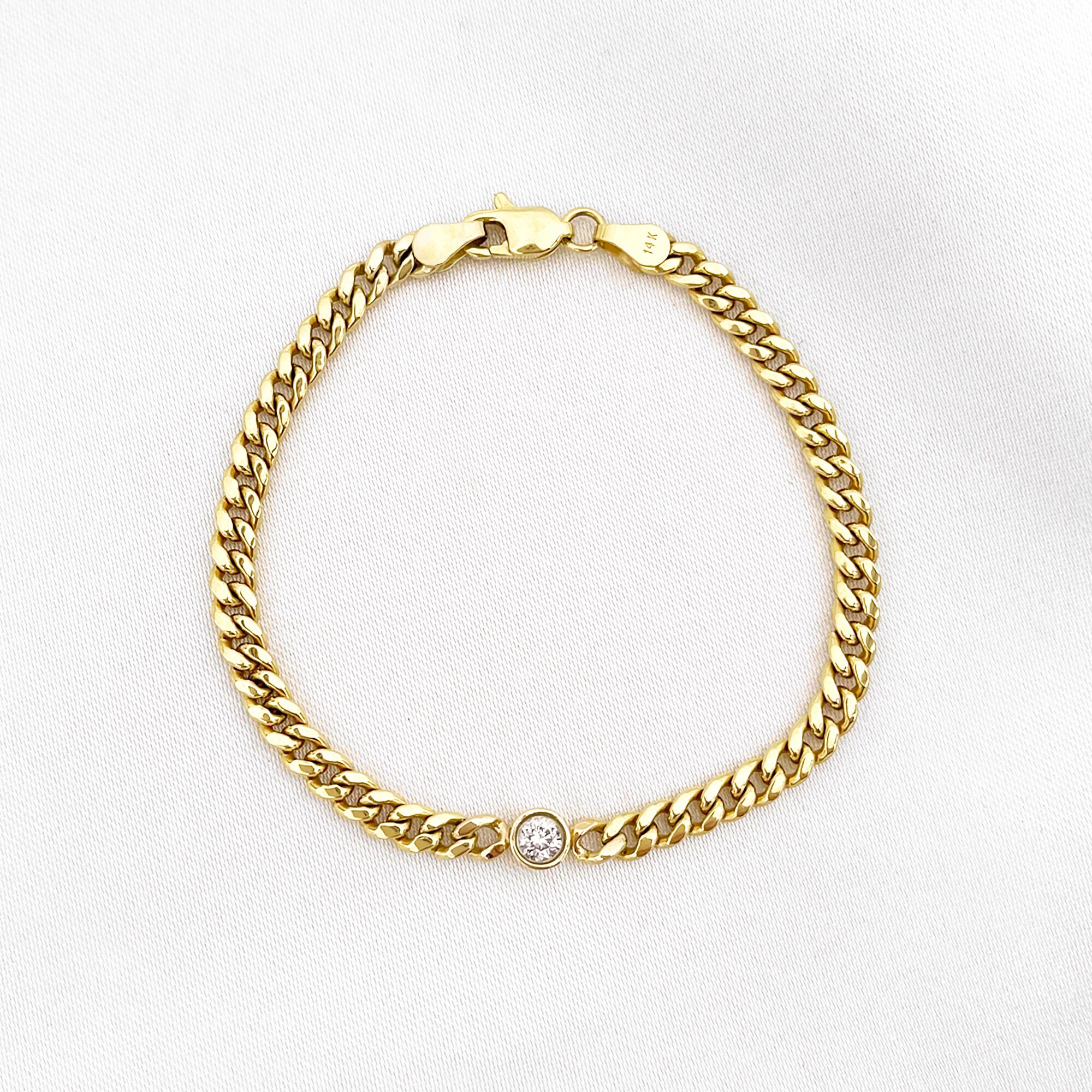 14K Gold Round Bezel Cuban Link Chain 