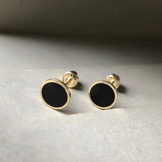 Black Circular Enamel with CZ Border Gold Edge Studs and Cufflinks Set Black Circular Enamel with CZ Border Gold Edge Studs and Cufflinks Set