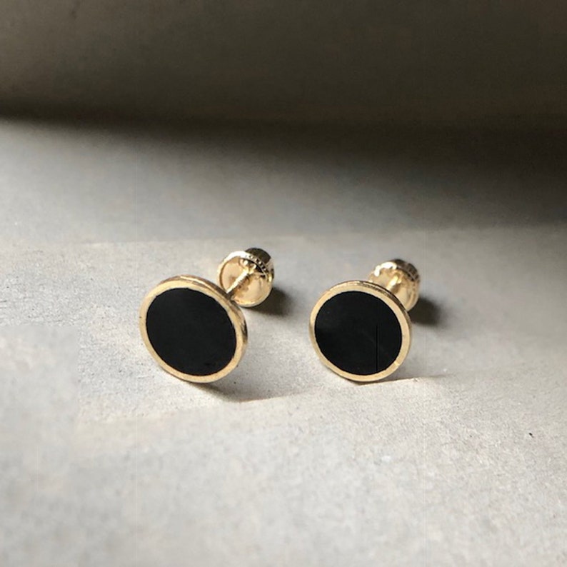 Black Onyx Circle Earrings Onyx Noir Round Earrings 14K Solid Gold Border image 1