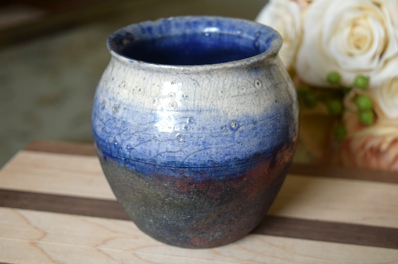 Blue-White Metallic Gradient Raku Vase