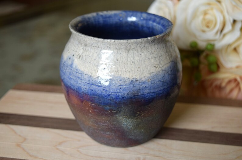 Blue-White Metallic Gradient Raku Vase