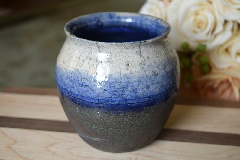 Blue-White Metallic Gradient Raku Vase