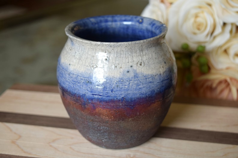 Blue-White Metallic Gradient Raku Vase
