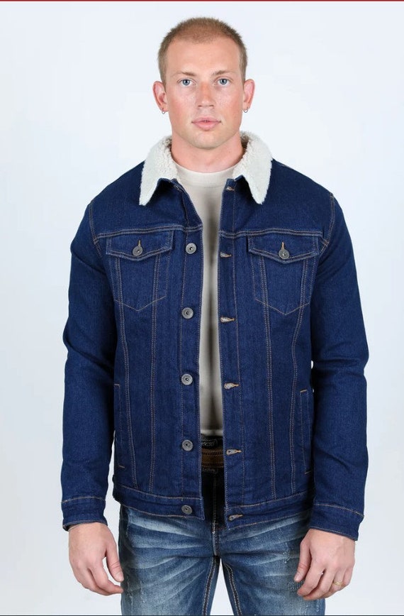Men's Deep Blue Denim Sherpa Jacket Classic Cotton Button up