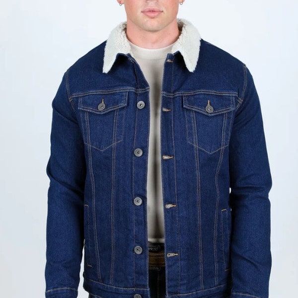 Men's Deep Blue Denim Sherpa Jacket Classic Cotton Button Up Fleece Lined Trucker Jacket