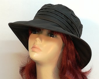 Five colours of wide brimmed Martha rain hat with pleated waterproof crown, womens wax cotton hat.