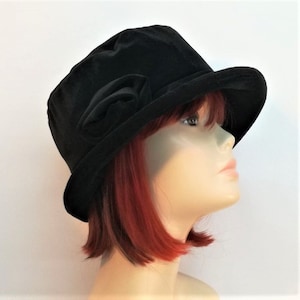 Black velvet Freda hat for ladies. Winter hat for women with matching rose.