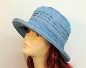 Blue cotton sun hat for ladies. Lightweight denim pleated summer hat for women. Travels well.